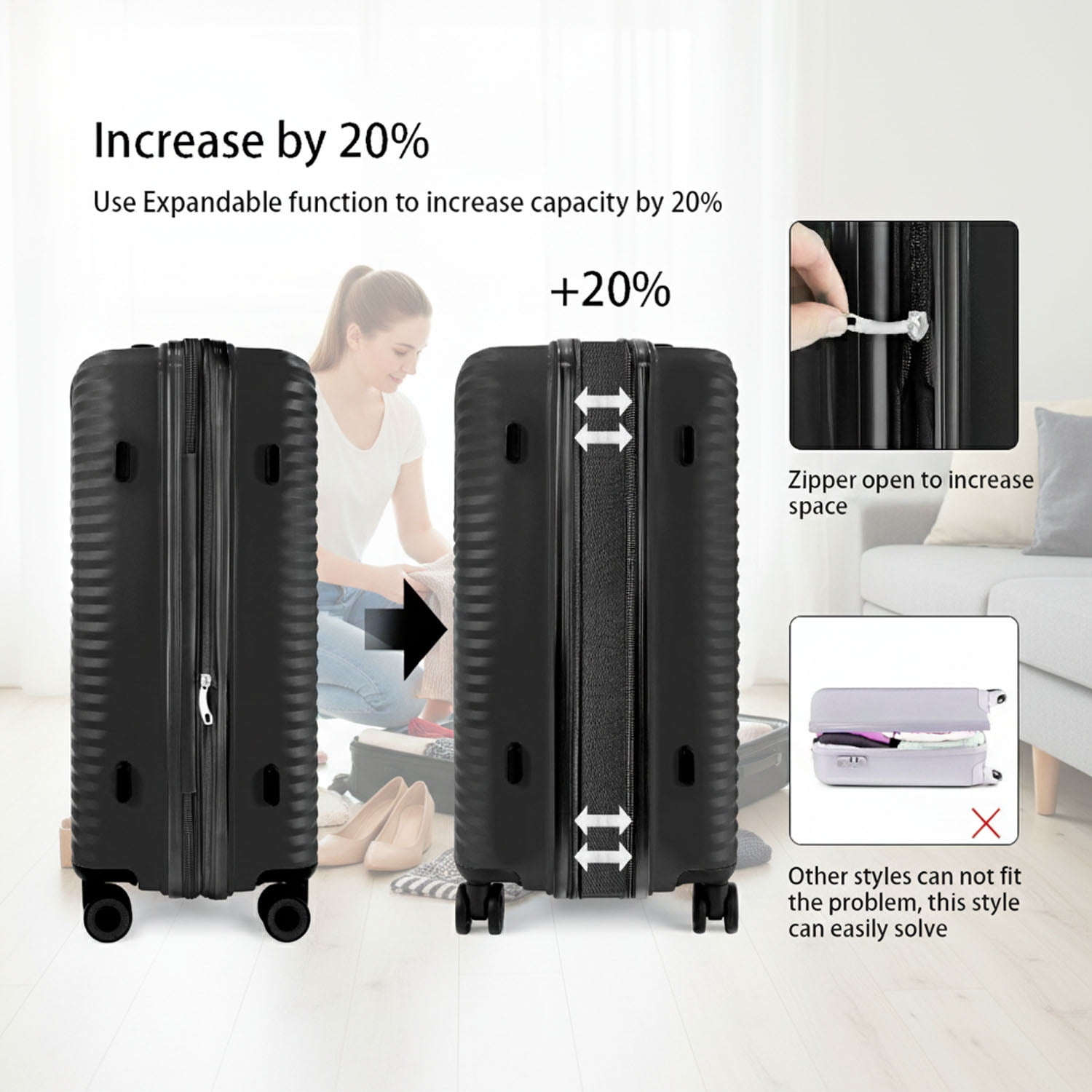 3 Piece Hardside Luggage Set Expandable Suitcase with Spinner Wheels,Lightweight Hardshell Suitcase Set 20in24in28in, Black, SQ249