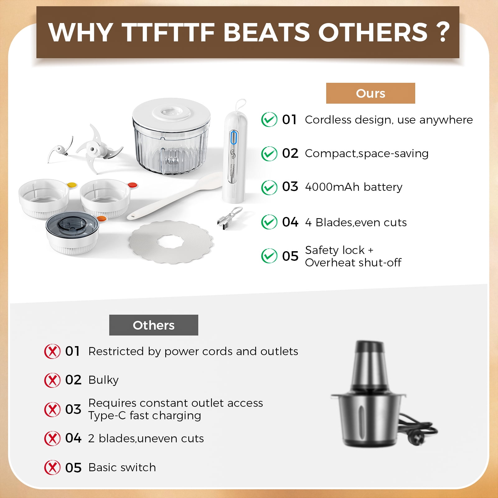 TTFTTF Glass Food Processor with 4 Blades & 4 Bowls (8 Cup + 3x0.5 Cup), Small Food Processor& Meat Grinder - Compact Design for Meal Prep, Baby Food, Sauces - Dishwasher Safe