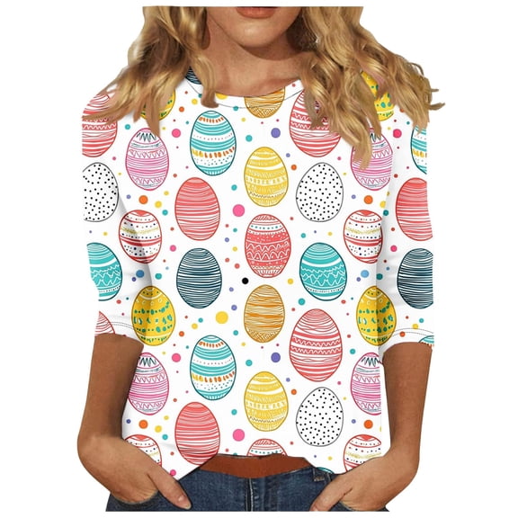 Bainana Easter Women's T-Shirt Fashion Egg Printed Casual 3/4 Sleeve Round Neck T Shirt Top Ladies Festival Casual Tshirts Multicolour Size L