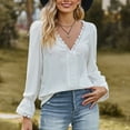 thumbnail image 3 of tklpehg Womens Fall Tops V-Neck Lace Elegant Shirts Long Sleeve Tops Womens Clothes Leisure Fall Clothes Solid Color Comfortable Going Out Tops Pullover White L, 3 of 6