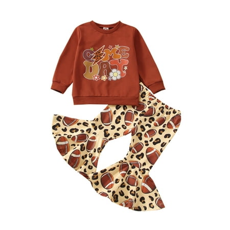 

EYIIYE Kids Girls Spring Fall 2Pcs Outfit Letters Print Long Sleeve Round Neck Pullover Tops + Rugby Flare Pants 1-5 Years