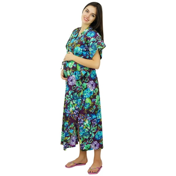 Bimba Nursing Kaftan Cotton Maternity Night Gown, Front & Side Buttons With Belt