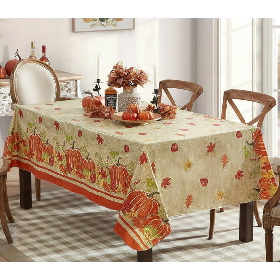 Newbridge Thanksgiving Pumpkin Border Print Vinyl Tablecloth, 60 x 84 inch Rectangle, Fall Harvest Design