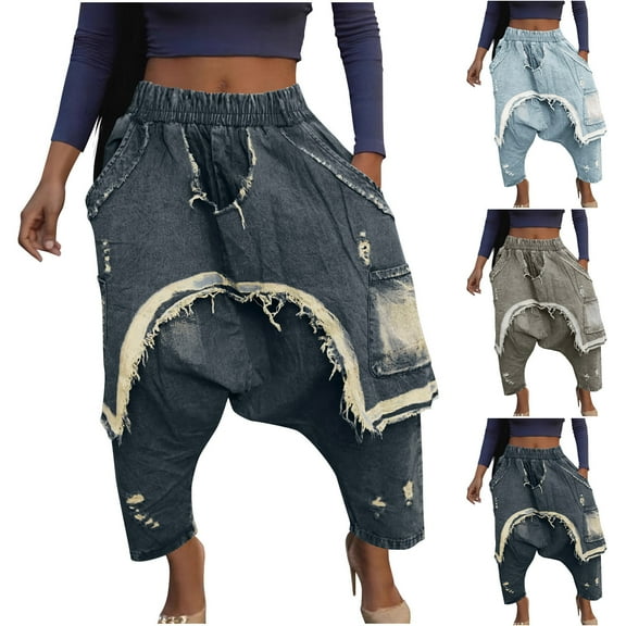 Olyvenn Baggy Jeans Women Distressed Denim Harem Pants Elastic Waist Loose Fit Cropped Y2K Streetwear Jeans with Pockets Blue L