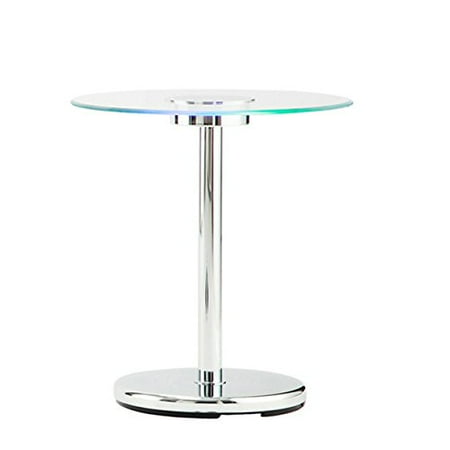 Shaped Accent - ModHaus Living Modern Style LED Accent Tempered Glass Top Round Shaped Counter Height End Table | Chrome Metal Frame, Living Room Decor - Includes Pen