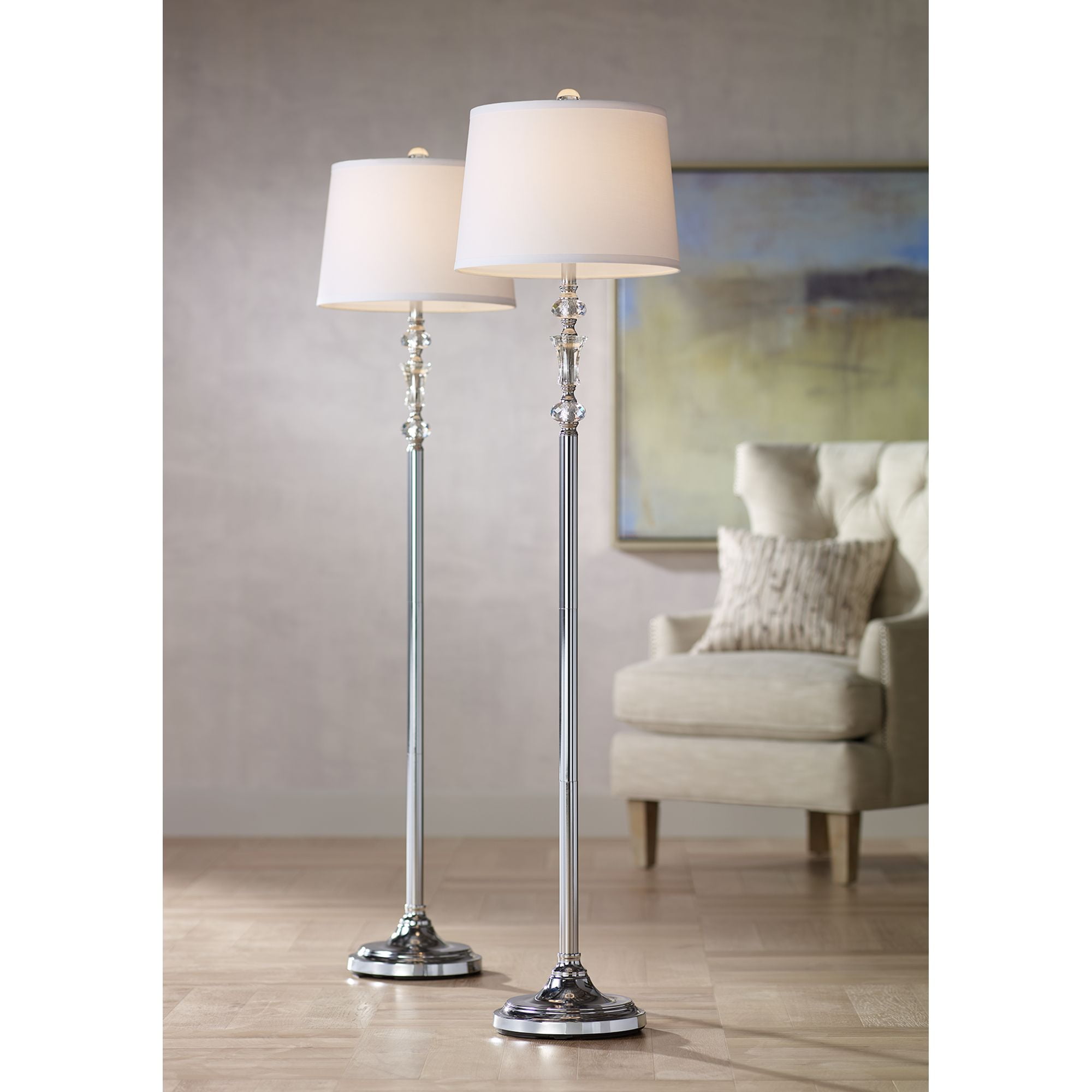 360 Lighting Modern Floor Lamps Set Of 2 Polished Steel Crystal Glass White Fabric Drum Shade For Living Room Reading Bedroom