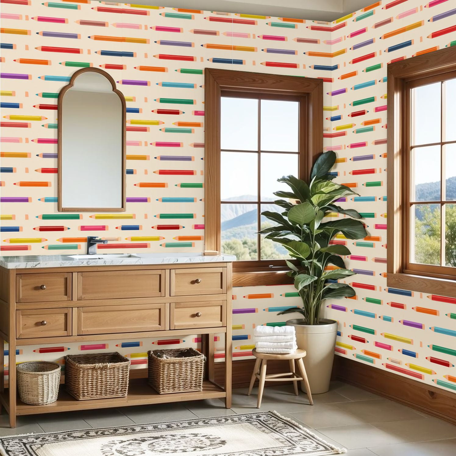 Peel and Stick Wallpaper Colorful Horizontal Pencil Beige Wall Mural 23.6in x 9.8ft Self Adhesive Removable Wall Paper Renter Friendly Wallpaper for Nursery Bedroom Cabinets Back to School Decor