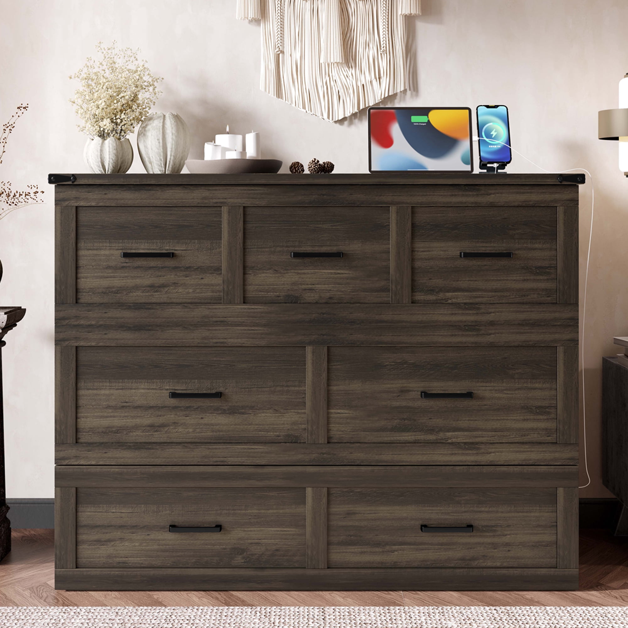 Mintazer Full Murphy Cabinet Bed with Charging Station & Large Storage Drawer, MultiFunctional Foldable Platform Bed for Guest Room Bedroom, Brown
