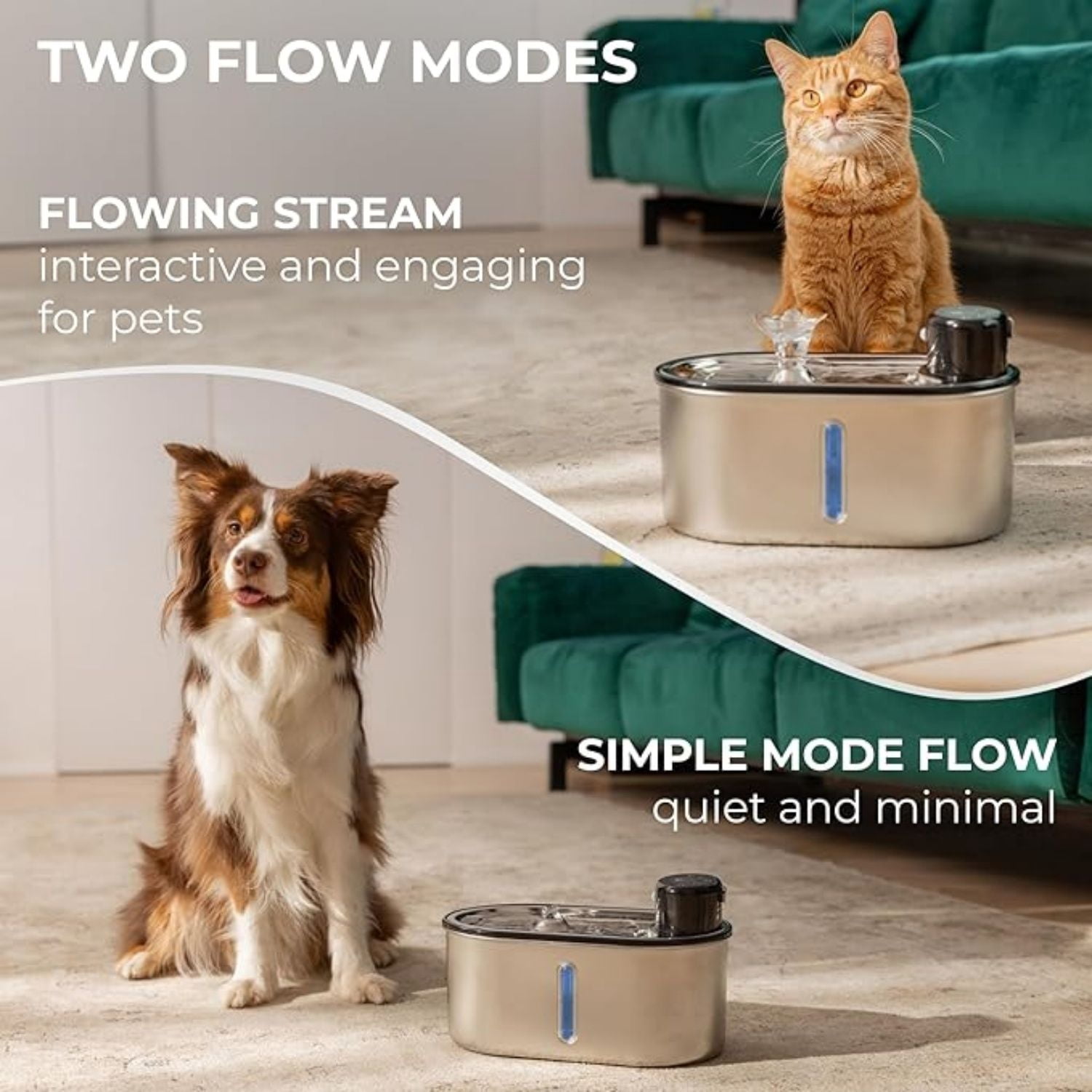 Cat Water Fountain Stainless Steel, 5200mAh Battery, Ultra Quiet, Automatic Water Dispenser for Cats, 108oz/3.2L, Two Flow Modes, Multi-Filtration, Includes 2 Filters - Black