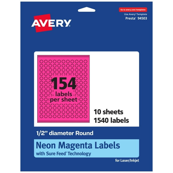 Avery Printable Round Labels, Neon Magenta, 0.5" Diameter, 1,540ct