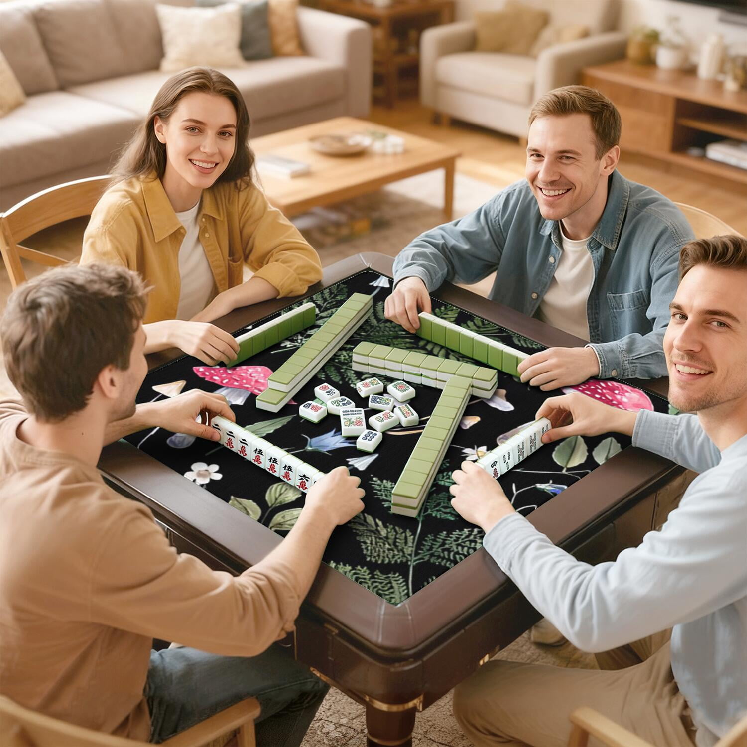 Botanical Pattern Mahjong Mat 31.5x31.5 Inches Crafted from Premium Rubber with Anti-Slip Grip Surface and Noise Dampening Features for Tiles Cards Games