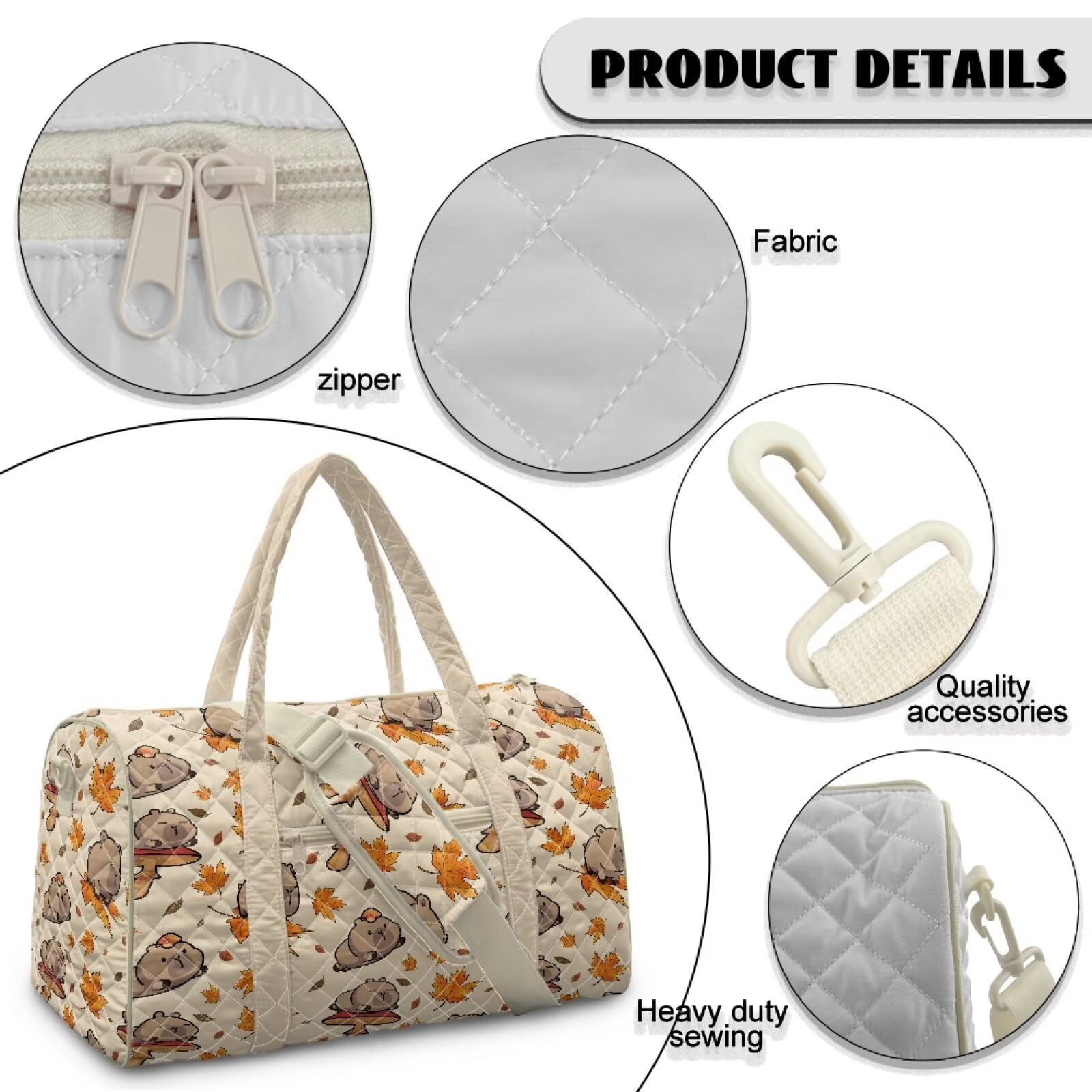 Garronmavis Cute Capybara Maple Leaf Print Large Quilted Duffle Bag for Women, Weekender Travel Bag Carry On Tote Gym Overnight Bag with Luggage Sleeve