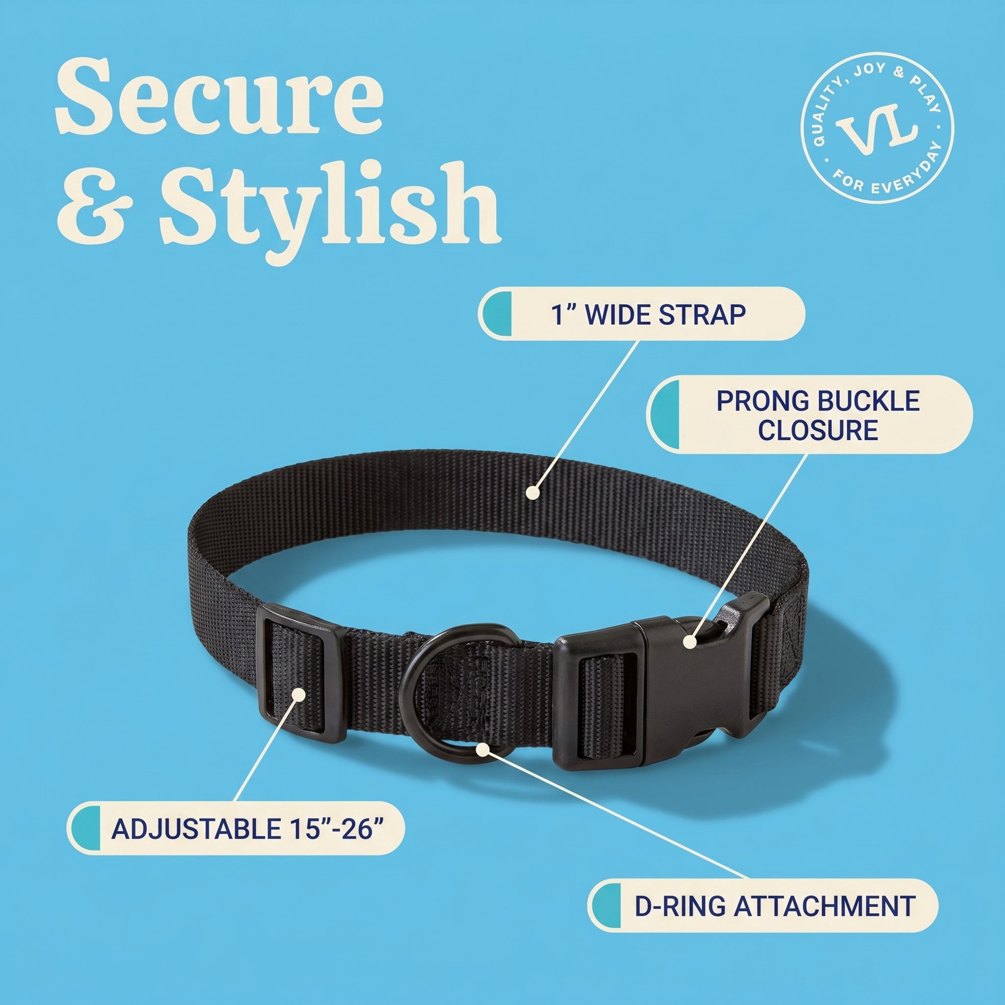 Vibrant Life Solid Polyester Adjustable Dog Collar, Black, L
