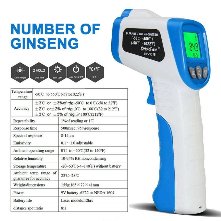 Infrared Thermometer HOLDPEAK HP-981B Non-Contact Digital Temperature Gun  Measure Range -58 to 842℉ (-50 to 450℃) Instant-Read with 9V Battery and  Emissivity 0.95(Fixed) NOT for Human 