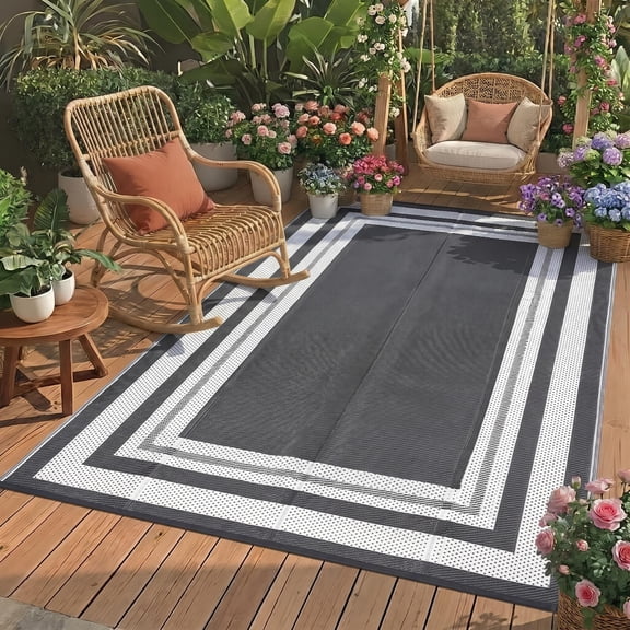 HIWEAVER 8' x 10' Gray/White Outdoor Rug PP Plastic Straw Woven Waterproof Patio Rug with Border Portable Outside Carpet for Balcony Deck Picnic Garden Decor