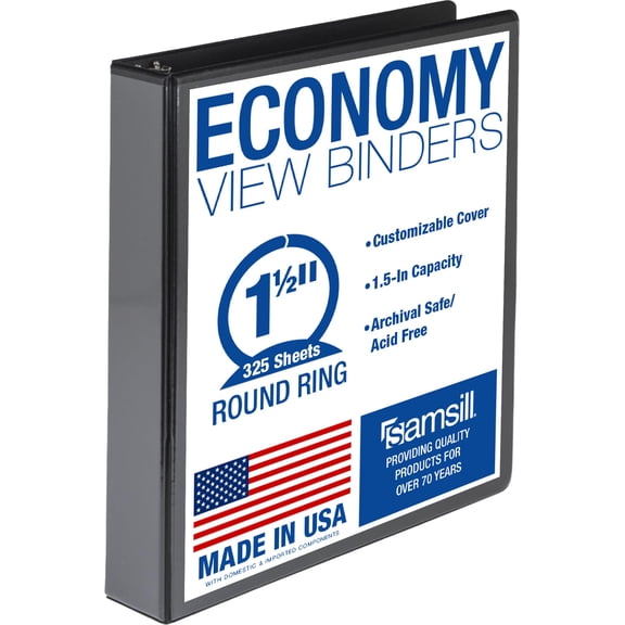 Samsill 1.5 Inch 3 Ring Binder, Made in USA, Economy Round Ring, Clear View Cover, 325 Sheet Capacity - for School, Home, Office - Black