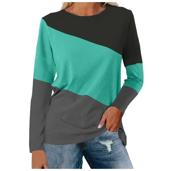 Women Long Sleeve Shirts Trendy Color Block Round Neck Pullover Tee Tops Stretch Comfy Classic Fit Workout Casual Blouses