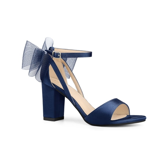 BLISSFUL STEP Women's Mesh Bow Heels Ankle Strap Open Toe Block Heel Sandals Navy Blue 6.5