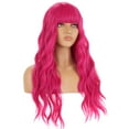 thumbnail image 3 of RightOn 23" Hot Pink Wig Long Curly Wig with Bangs Synthetic Wig Women Girls Wig Rose Red Wigs with Wig Cap, 3 of 5