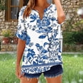 thumbnail image 2 of Womens Cotton T-Shirt Short Roll On Sleeve Shirt Button V Neck Fashion Printed Comfy Loose Fit Summer Tops (S, Blue), 2 of 5