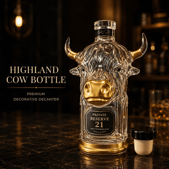 Highland Cow Head Shaped Whisky Decanter, Unique Reserve Scotch Bottle, Eye-Catching Barware Centerpiece for Home Liquor Collection, Man Cave Decor and Premium Gift, Transparent