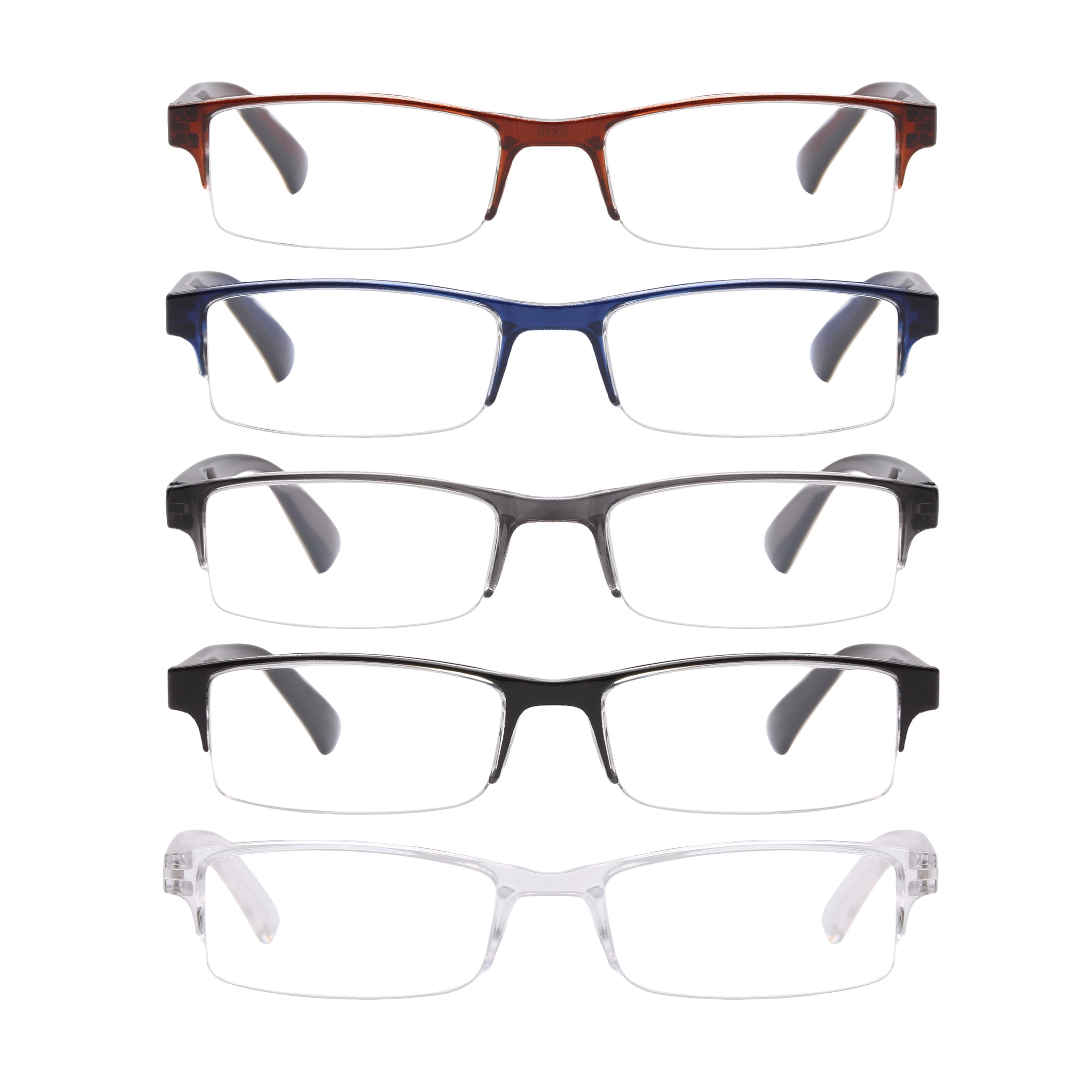(2 pack) Equate Cameron 5-Pack Unisex Spring Hinge Plastic Reading Glasses with Case, Black/Crystal/Navy Blue/Brown/Grey, +1.25