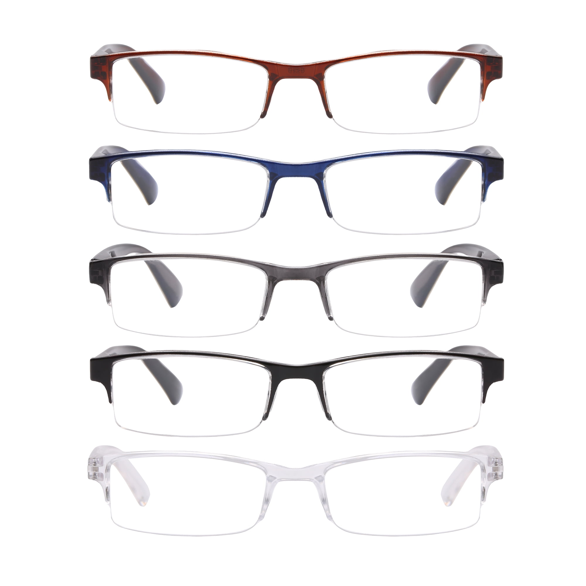 Equate Unisex Cameron Rectangular Reading Glasses with Case, Assorted Colors, +2.50, 5 Pack