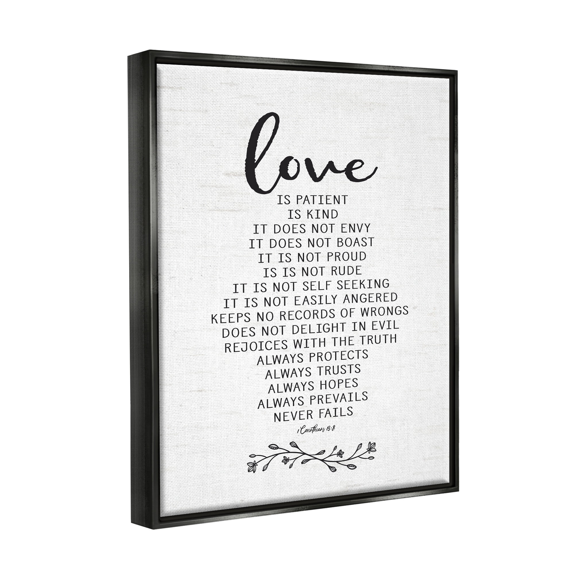 Stupell Industries Love is.. Uplifting Heartfelt Quote Spiritual Scripture Graphic Art Jet Black Floating Framed Canvas Print Wall Art, Design by Lettered and Lined