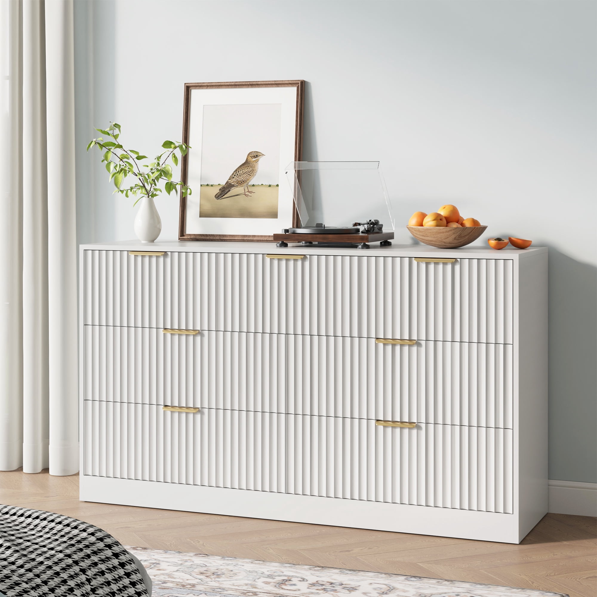 YouTrend 55.1"W Fluted Dressers for Bedroom with 7 Drawers,Modern Chest of Drawer TV Stand for Adults,Wood Clothes Storage for Living Room,White