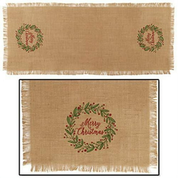 Burlap MERRY CHRISTMAS Wreath Holiday Table Runner, 13" x 54", The Country House