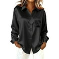 thumbnail image 3 of Women's Classic Fit Satin Shirt, Solid Color Long Sleeve Collared Blouse, Elegant Office Work Tops and Casual Wear Shirt for Women Black L, 3 of 7