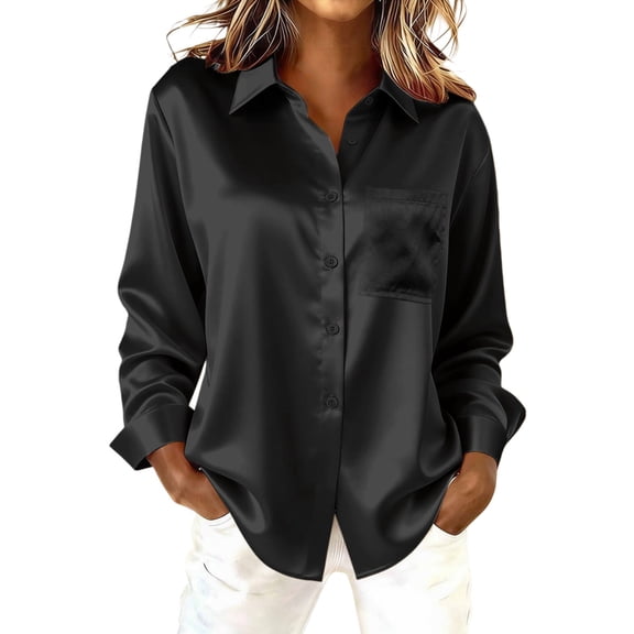 Business Casual Tops for Women, Yigetop Satin Blouses for Women Button Down Shirts Long Sleeve Tops Button Up Shirt Women Black, L
