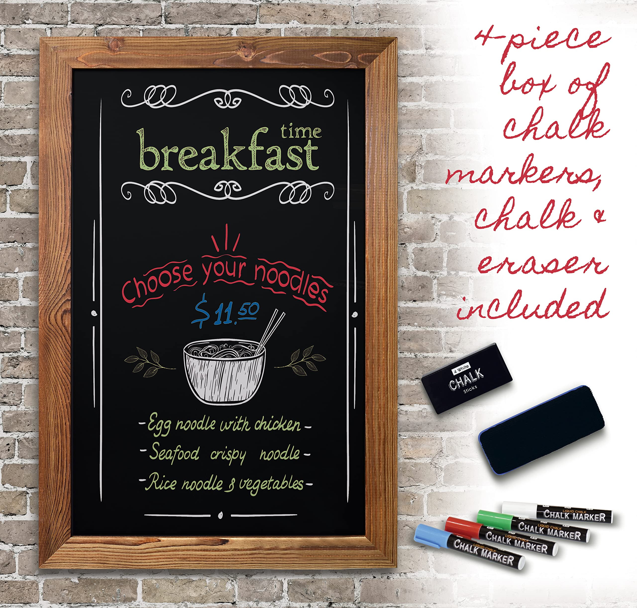 Magnetic Wall Chalkboard Sign, X Large Size 20" x 30", Rustic Wood Frame, Vertical or Horizontal Wall Mount, Includes 4 Chalk Markers + Chalk and Eraser, by Better Office Products (Rustic Brown)