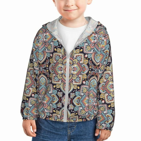 

Sun Hoodie for Kids Boho Mandala Pattern Long Sleeve Swim Fishing Shirts Sun Protection Zip Up Jacket Clothing Athletic Hoodie