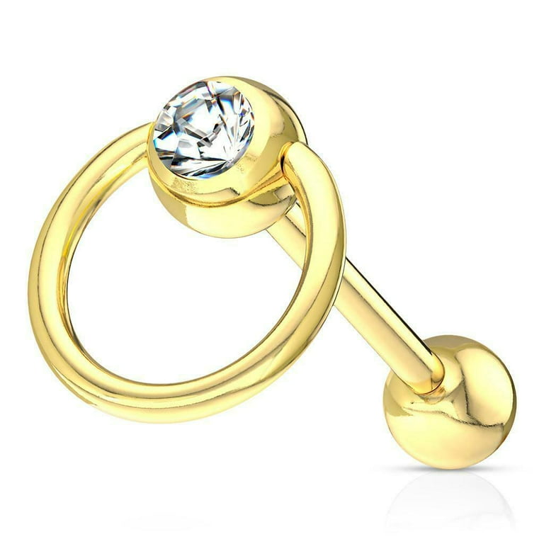 Tongue Ring Clear Gem with Door Knocker Ring PVD over Surgical Steel Barbell 14g