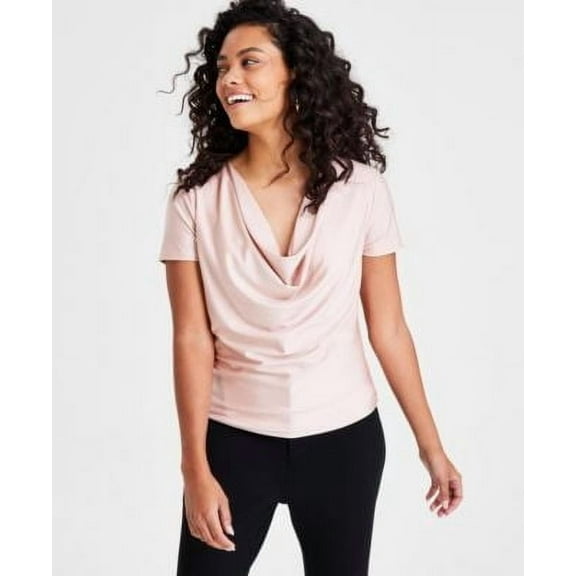 Bar III Petite Short-Sleeve Cowlneck T-Shirt, Polished Nude, Large