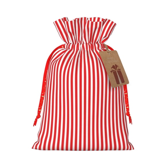 Fuzoiu Red And White Stripes Print Christmas Gift Bag,Burlap Gift Bag with Drawstring Closure & Hang Tag,Perfect for Holidays, Birthdays, and Special Occasions-Small