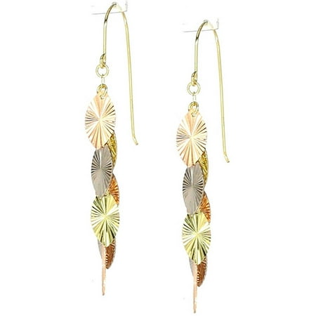 American Designs 14kt Yellow, Rose and White Gold Tri Color Diamond-Cut Leaf Dangle and Drop Earrings, French Wire