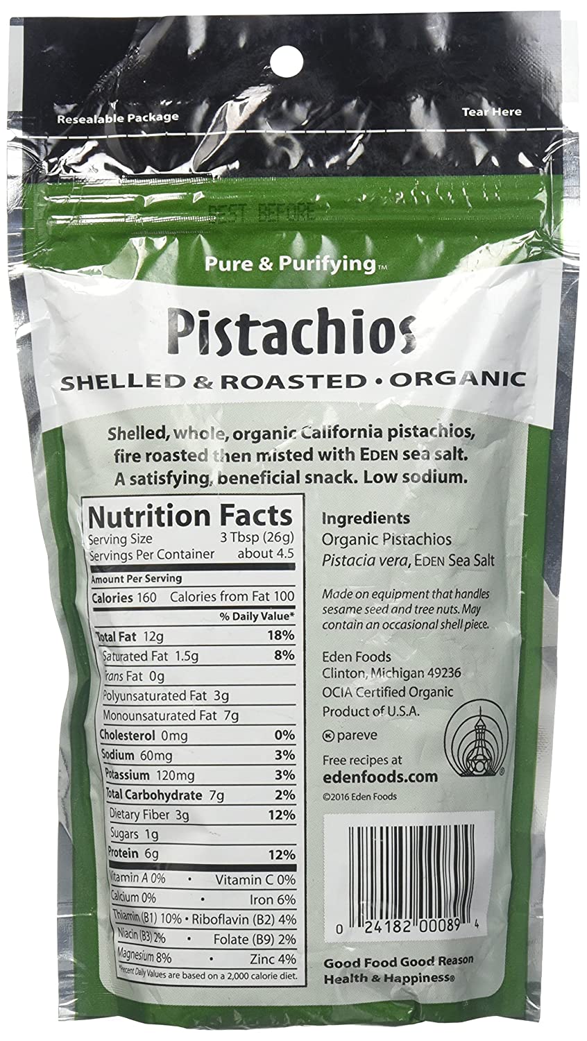 Eden Organic Pistachios, 4 oz, Shelled and Roasted Pack of 15