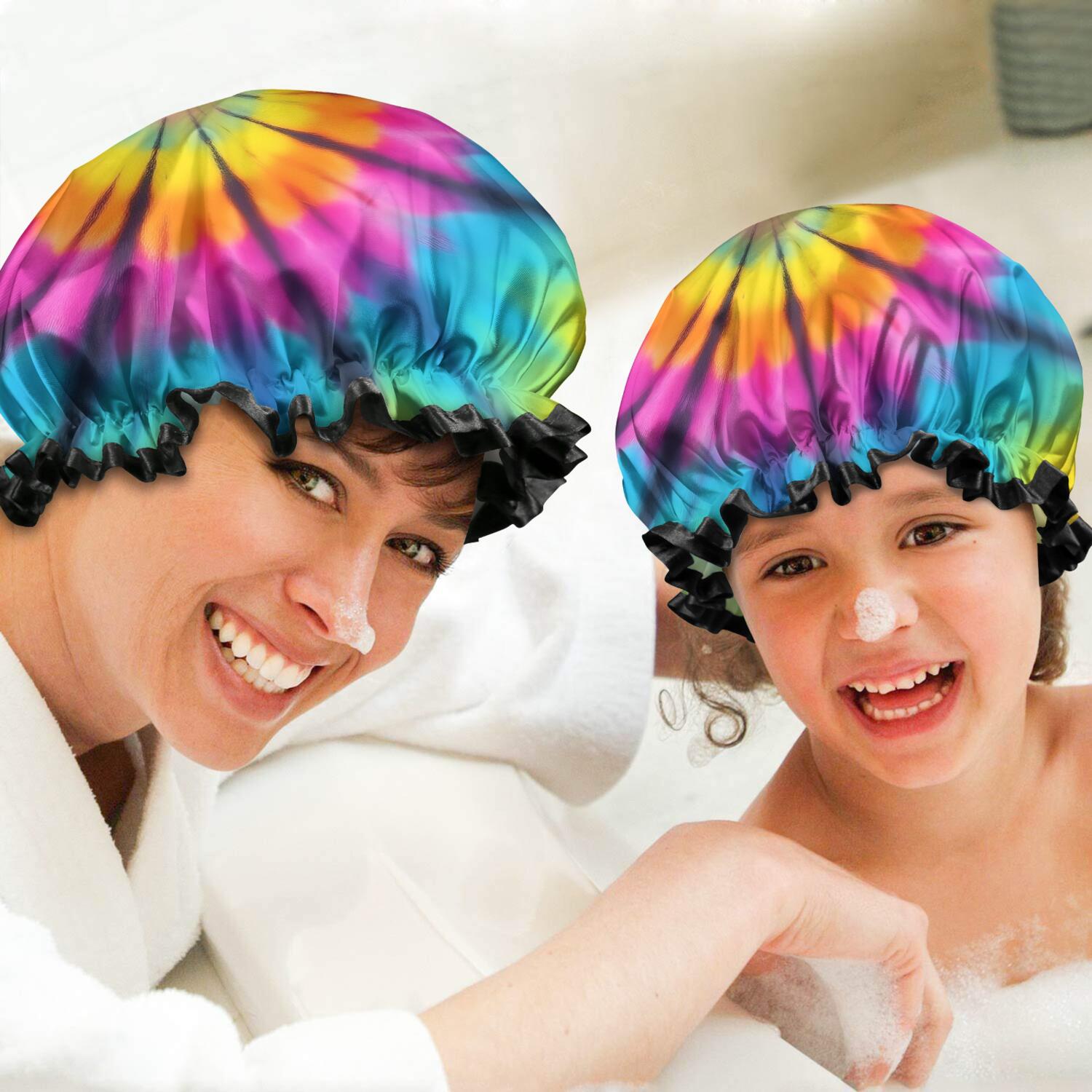 Shower Caps,Rainbow Tie Dye Mandala Pattern Waterproof Shower Cap for Women 4 Pieces,Double Reusable Hair Cover for Shower PEVA Elastic Stretch Hem