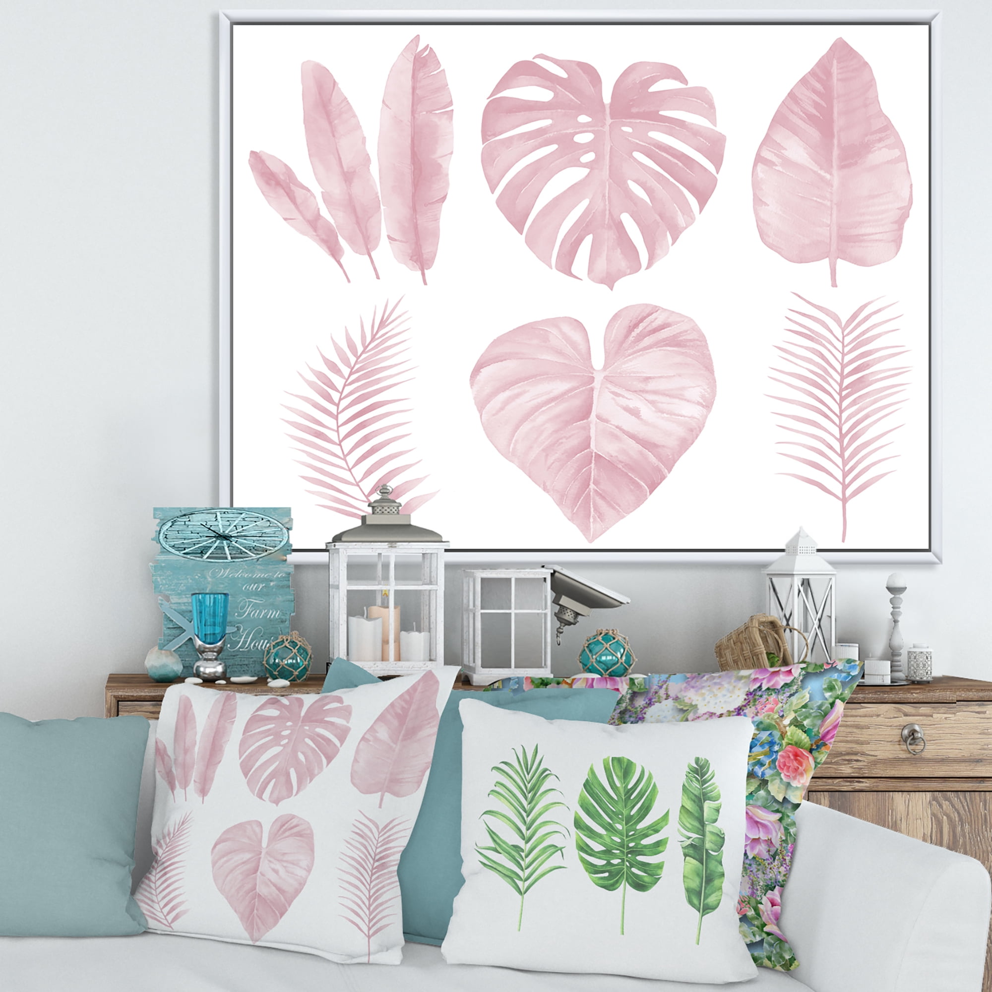 Designart 'Tropical Pink Watercolour Leaves On White I' Shabby Chic Framed Canvas Wall Art Print