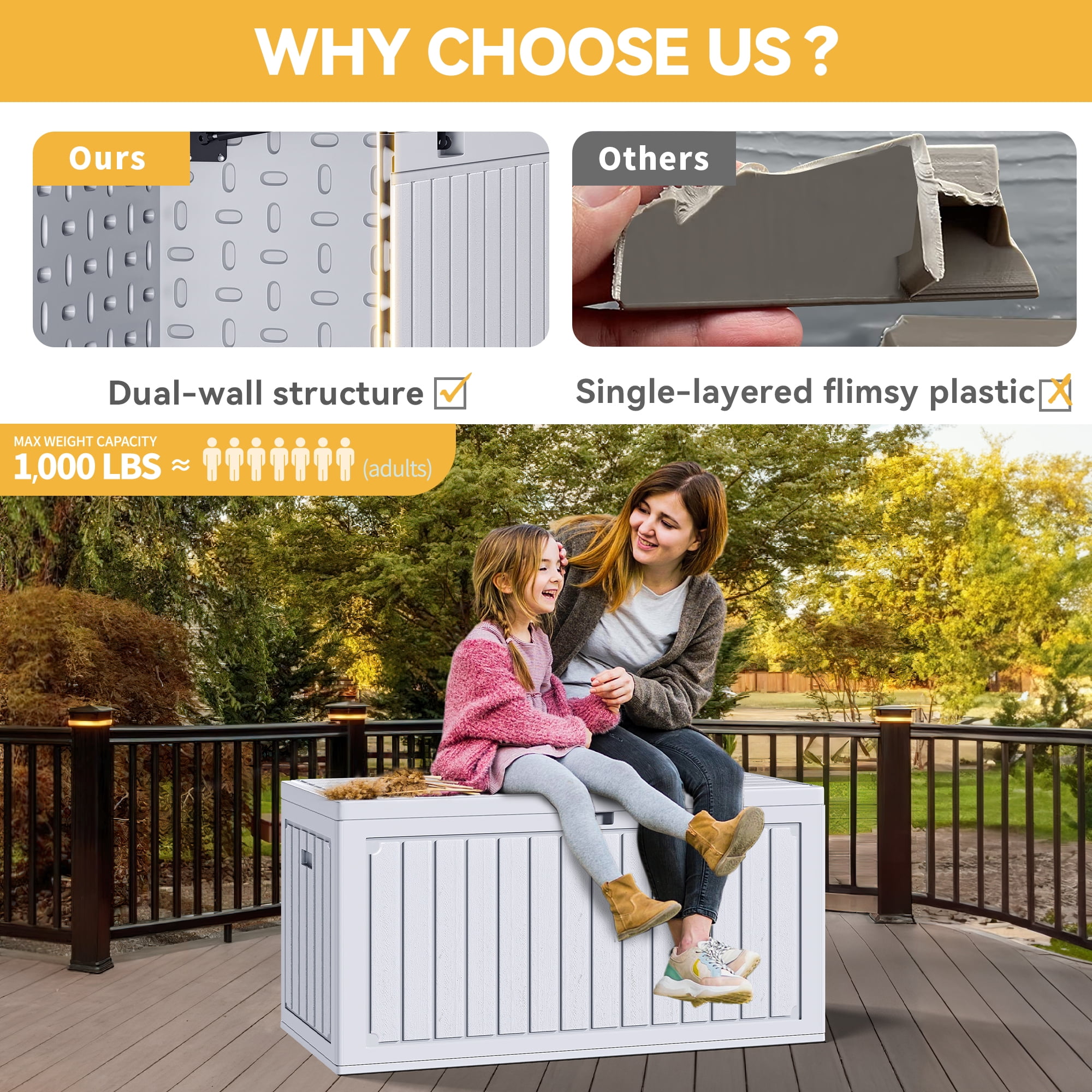Uforic Outdoor 90 Gallon Lockable Deck Box, Double-Wall Resin Storage Box for Outdoor Patio,Lockable,‎Weatherproof,White