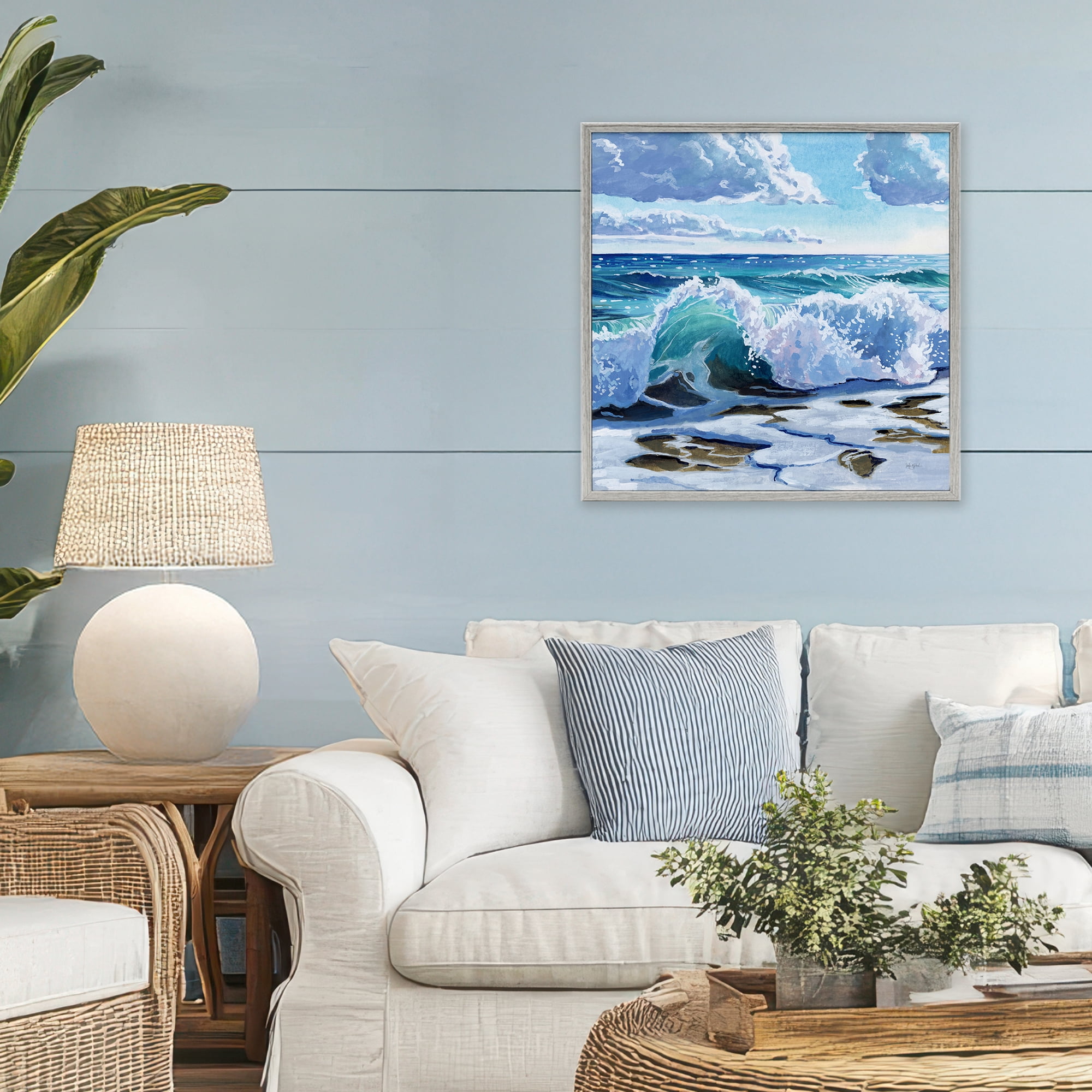 Stupell Industries Curling Aqua Wave on Shore Gray Framed Giclee Art, design by Kate Jarvik Birch