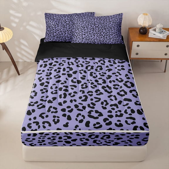 Homewish Purple Cheetah Print Zipper Twin Comforter Sets with Fitted Sheet and 2 Pillowcases for Kids, Modern Fashion Zipper Bedding Set, Black Reversible, 4pcs