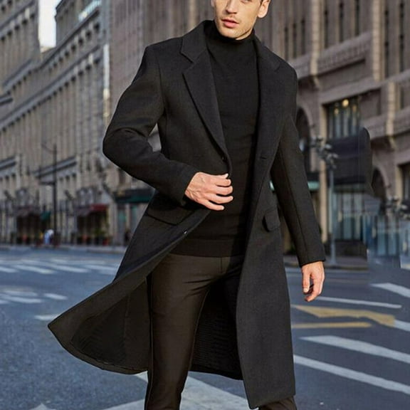 Babysbule Mens Jackets Men's British Style Solid Color Long Coat Fashionable Warm Woolen Overcoat