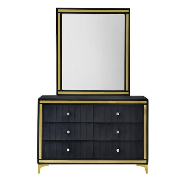 Better Home Products Velvet 6 Drawer Dresser with Mirror and Gold Legs in Black