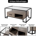 thumbnail image 6 of Homhougo Coffee Table Tempered Glass, Rectangle Center Table with 2 Drawers and Storage Shelf, Vintage Glass Top Accent Table for Home Living Room, Apartment, Office, Black & Rustic Brown, 6 of 17