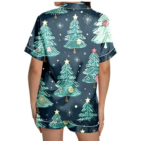 JIANJIA Womens Pajama Sets Christmas Tree Print Silk Satin Lapel Short Sleeve Tops With Shorts Sleepwear Nightwear