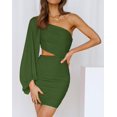 thumbnail image 3 of Women One Shoulder Ruched Bodycon Mini Dress Puff Long Sleeve 2023 Spring Summer Club Party Cocktail Short Dresses, 3 of 6