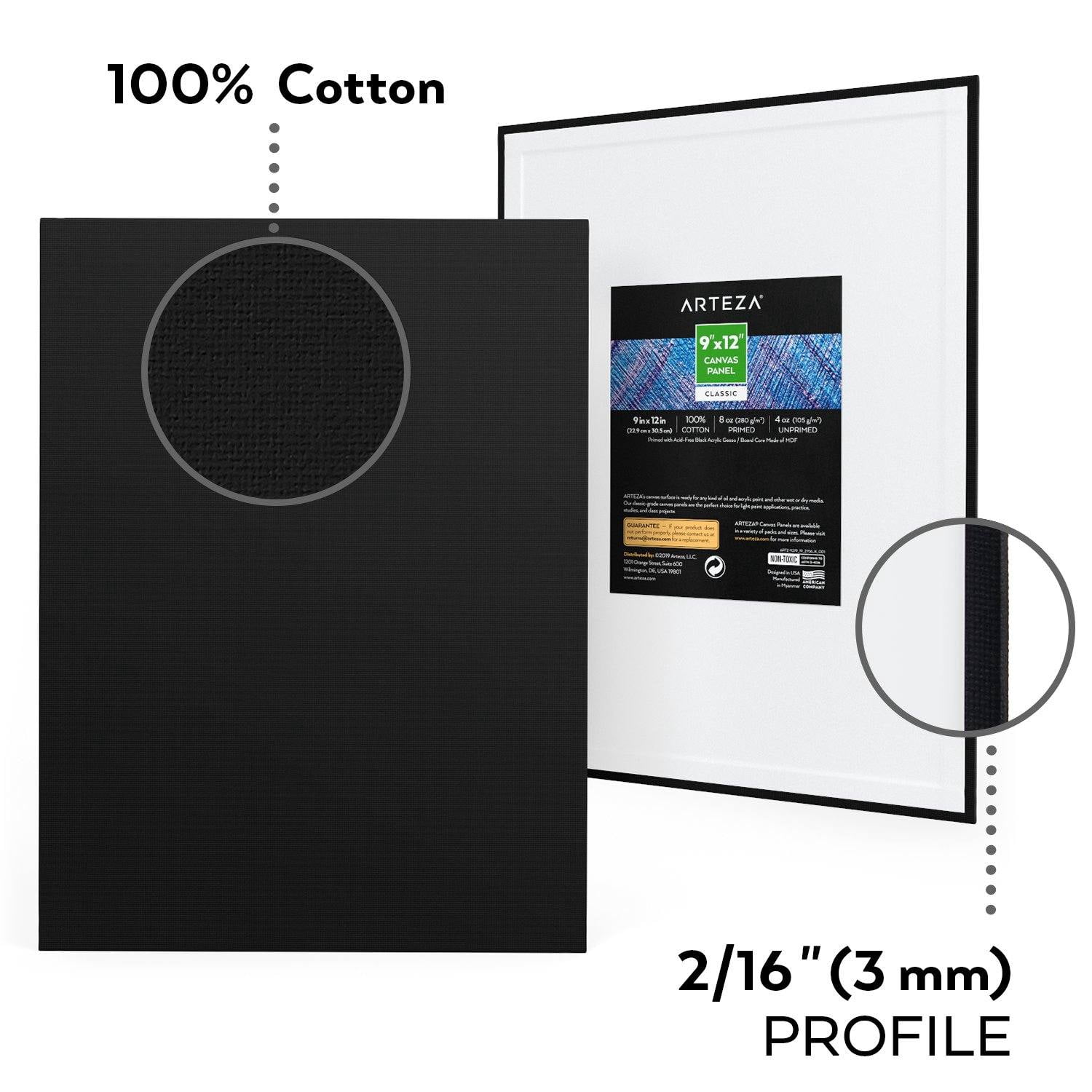 Arteza Canvas Panels, Classic, Black, 9"x12", Blank Canvas Boards for Painting- 14 Pack